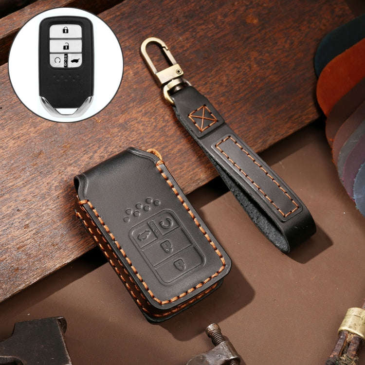 Hallmo Car Cowhide Leather Key Protective Cover Key Case for Honda Civic / Accord 4-button(Black)