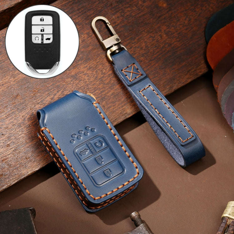 Hallmo Car Cowhide Leather Key Protective Cover Key Case for Honda Civic / Accord 4-button(Blue)