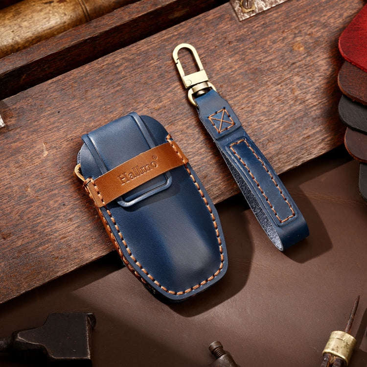 Hallmo Car Cowhide Leather Key Protective Cover Key Case for BYD(Blue)