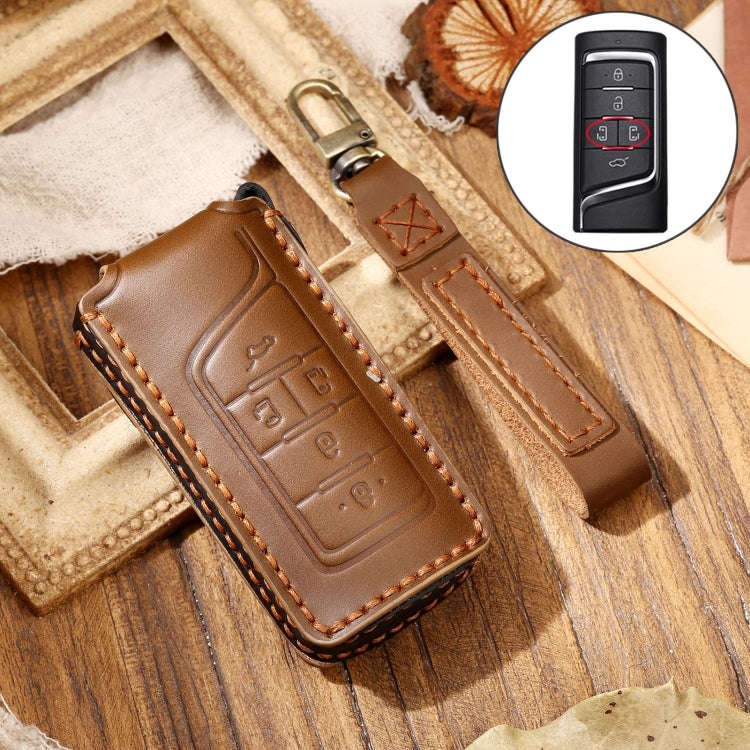 Hallmo Car Cowhide Leather Key Protective Cover Key Case for Trumpchi GS4 2021 C Style(Brown)