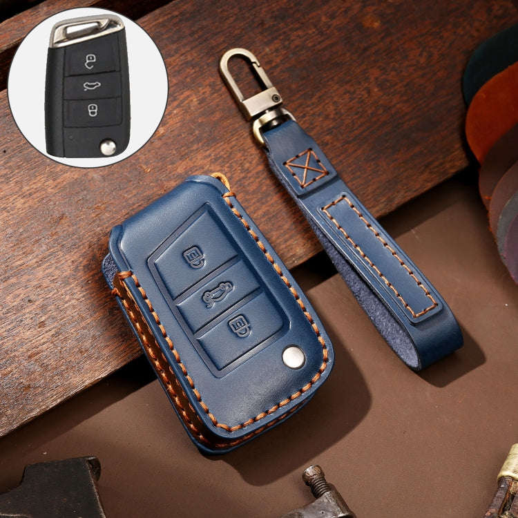 Hallmo Car Cowhide Leather Key Protective Cover Key Case for Volkswagen Lavida B Style(Blue)