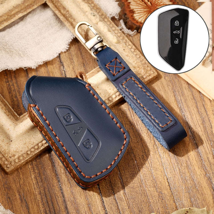 Hallmo Car Cowhide Leather Key Protective Cover Key Case for Volkswagen Golf 8(Blue)