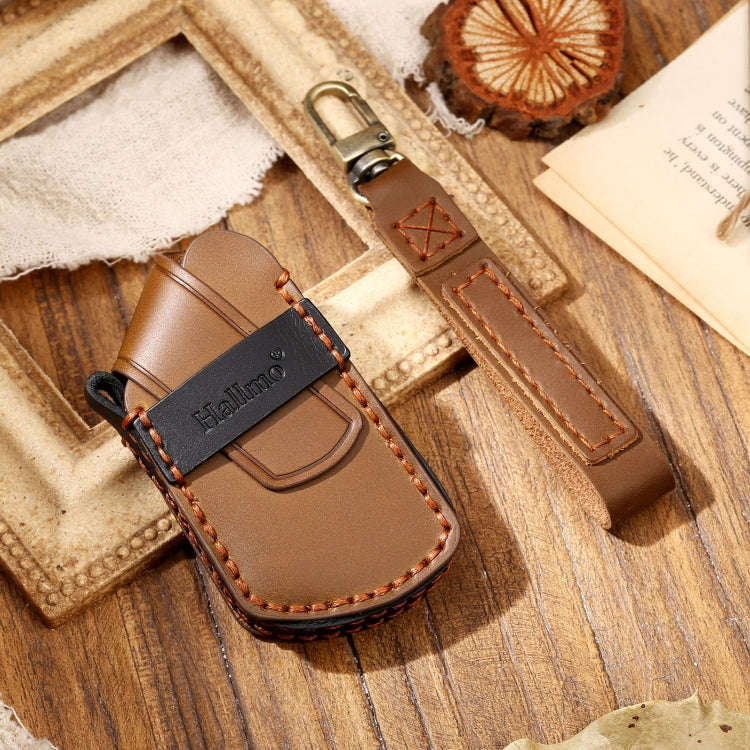 Hallmo Car Cowhide Leather Key Protective Cover Key Case for Volkswagen Golf 8(Brown)