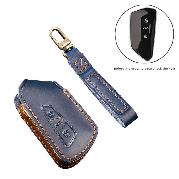 Hallmo Car Cowhide Leather Key Protective Cover Key Case for Volkswagen Golf 8(Blue)