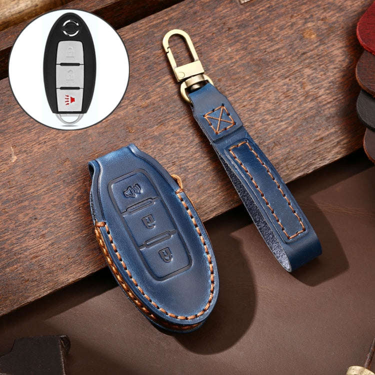 Hallmo Car Cowhide Leather Key Protective Cover Key Case for Nissan Sylphy 3-button Horn(Blue)