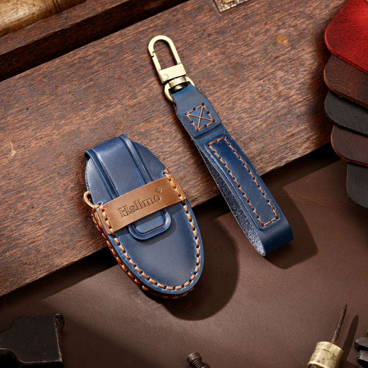 Hallmo Car Cowhide Leather Key Protective Cover Key Case for Nissan Sylphy 3-button Tail Box(Blue)