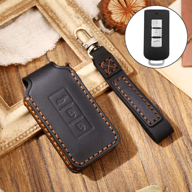 Hallmo Car Cowhide Leather Key Protective Cover Key Case for Mitsubishi Outlander(Black)