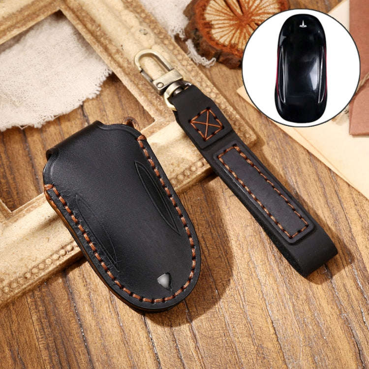 Hallmo Car Cowhide Leather Key Protective Cover Key Case for Tesla Model 3 / S A Style(Black)