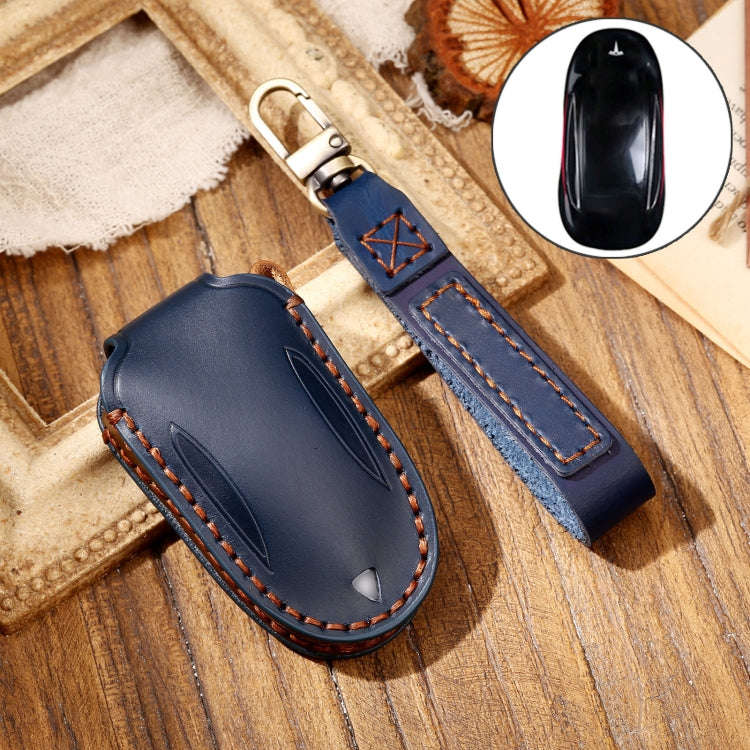 Hallmo Car Cowhide Leather Key Protective Cover Key Case for Tesla Model 3 / S A Style(Blue)