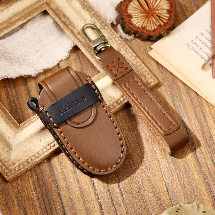 Hallmo Car Cowhide Leather Key Protective Cover Key Case for Tesla Model 3 / S A Style(Brown)