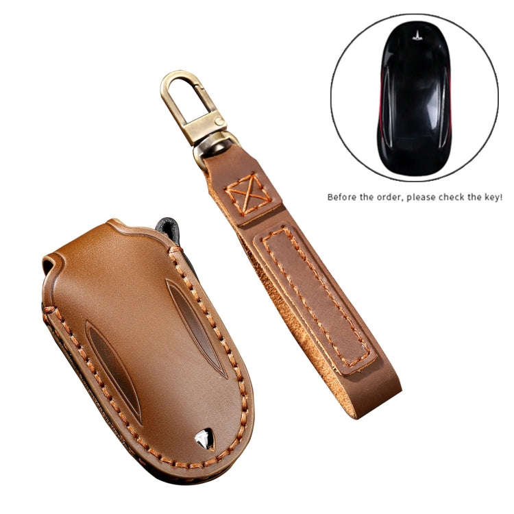 Hallmo Car Cowhide Leather Key Protective Cover Key Case for Tesla Model 3 / S A Style(Brown)