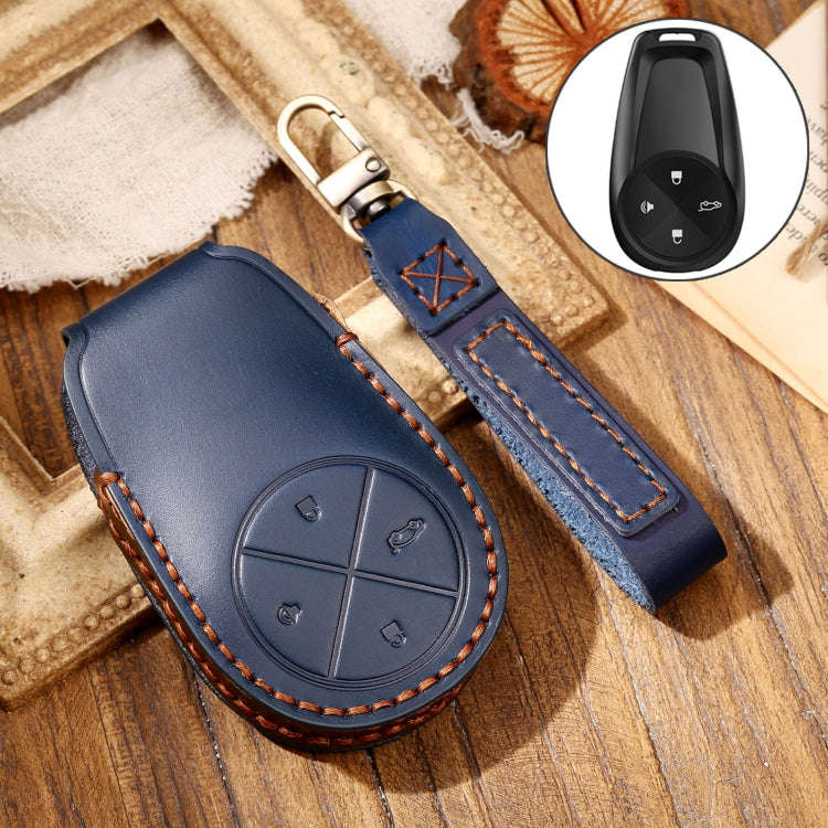 Hallmo Car Cowhide Leather Key Protective Cover Key Case for NIO ES6 / ES8(Blue)