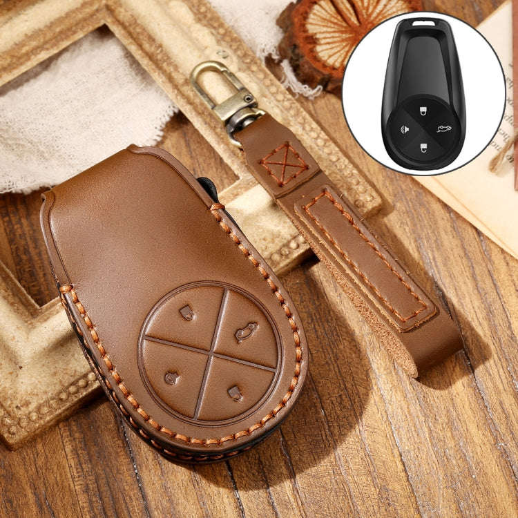 Hallmo Car Cowhide Leather Key Protective Cover Key Case for NIO ES6 / ES8(Brown)