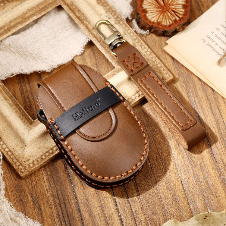 Hallmo Car Cowhide Leather Key Protective Cover Key Case for NIO ES6 / ES8(Brown)