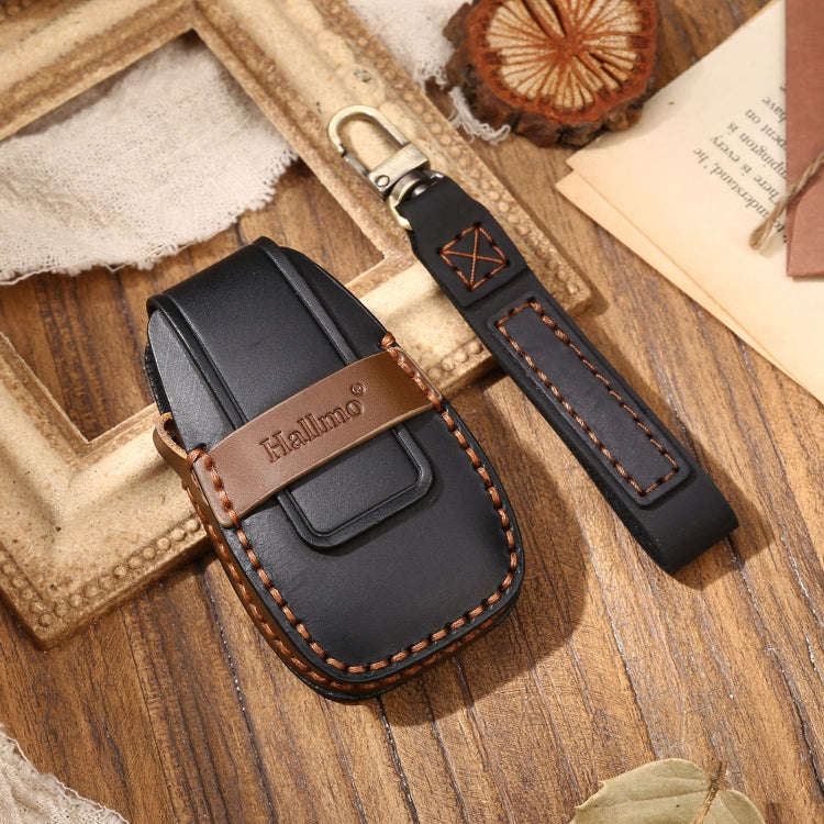 Hallmo Car Cowhide Leather Key Protective Cover Key Case for Changan CS75 Plus(Black)