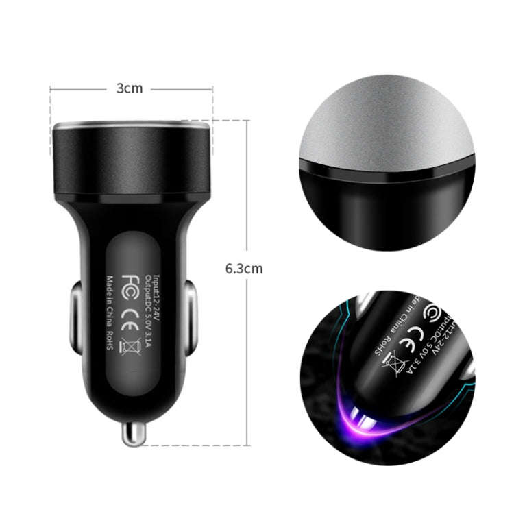 JMG-C016A 5V 3.1A Car Dual USB Charger with LED Display(Black)