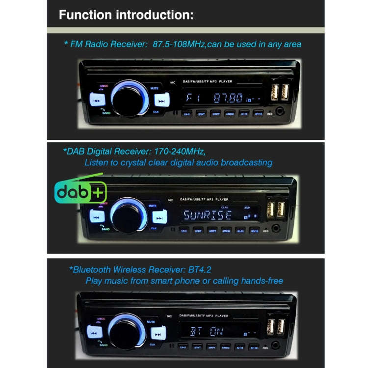 1-Din Car DAB Radio Player Stereo System FM Receiver, Support Bluetooth & U Disk & MP3 & TF Card