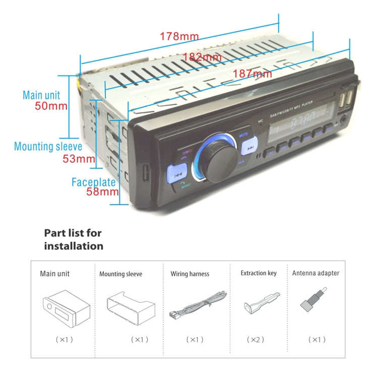 1-Din Car DAB Radio Player Stereo System FM Receiver, Support Bluetooth & U Disk & MP3 & TF Card