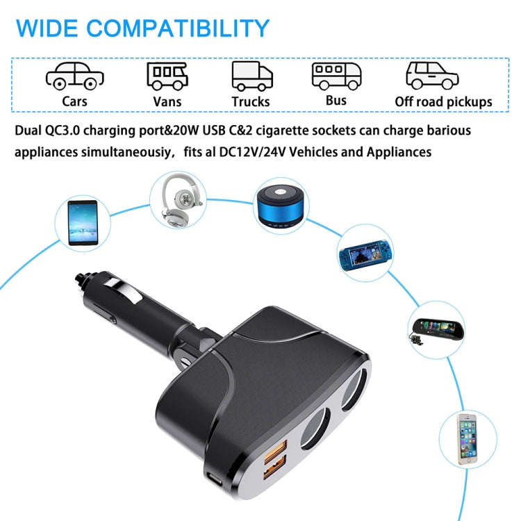 TR35 Car 2 in 1 Cigarette Lighter Extension Socket 20W PD Fast Charge QC3.0 USB Charger