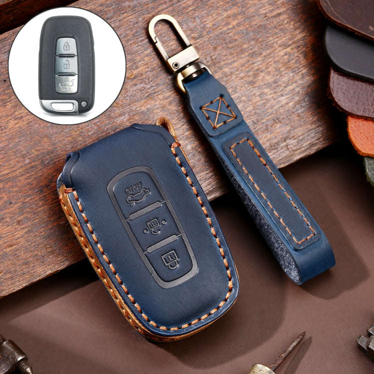 Hallmo Car Cowhide Leather Key Protective Cover Key Case for KIA K2 / K3 / K5 3-button(Blue)