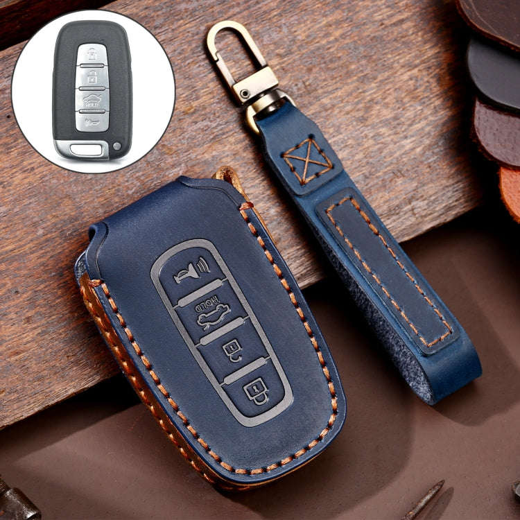 Hallmo Car Cowhide Leather Key Protective Cover Key Case for KIA K2 / K3 / K5 4-button(Blue)