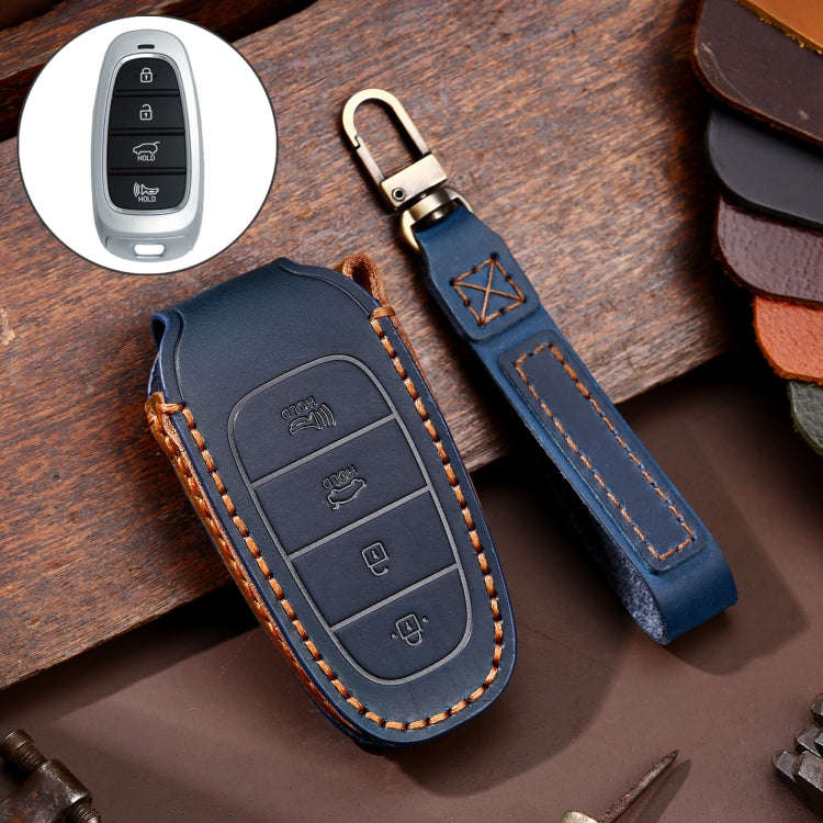 Hallmo Car Cowhide Leather Key Protective Cover Key Case for Hyundai 4-button(Blue)