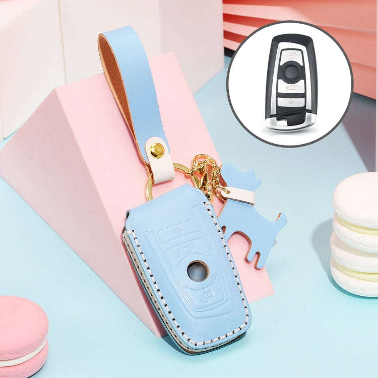 Hallmo Car Female Style Cowhide Leather Key Protective Cover for BMW, A Type(Sky Blue)
