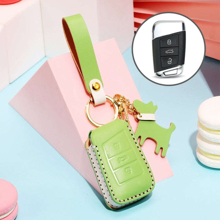 Hallmo Car Female Style Cowhide Leather Key Protective Cover for Volkswagen, A Type(Grass Green)