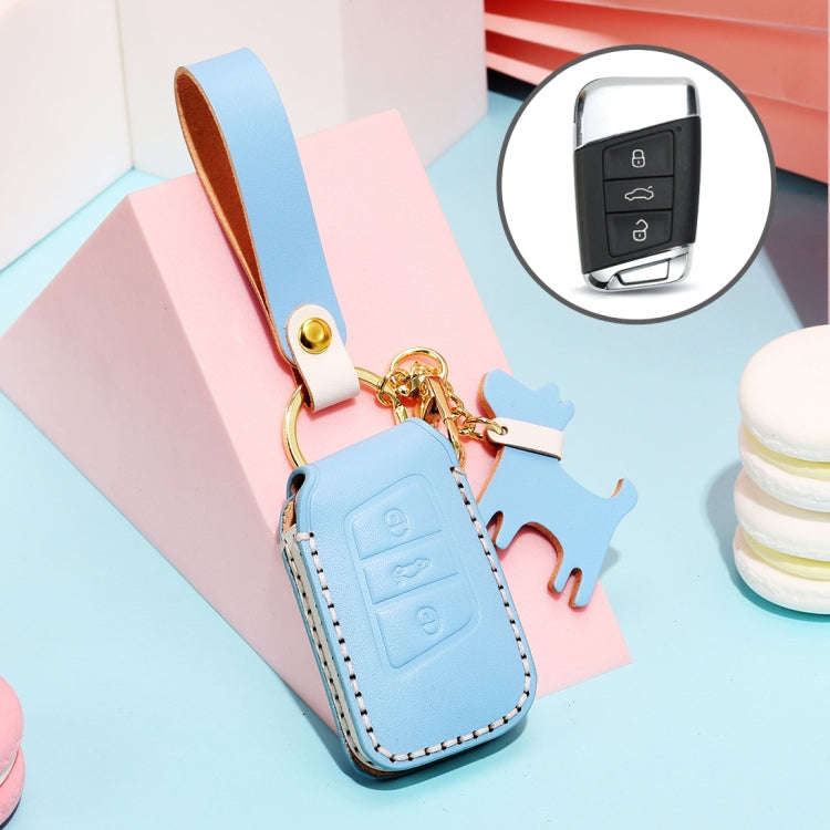 Hallmo Car Female Style Cowhide Leather Key Protective Cover for Volkswagen, A Type(Sky Blue)