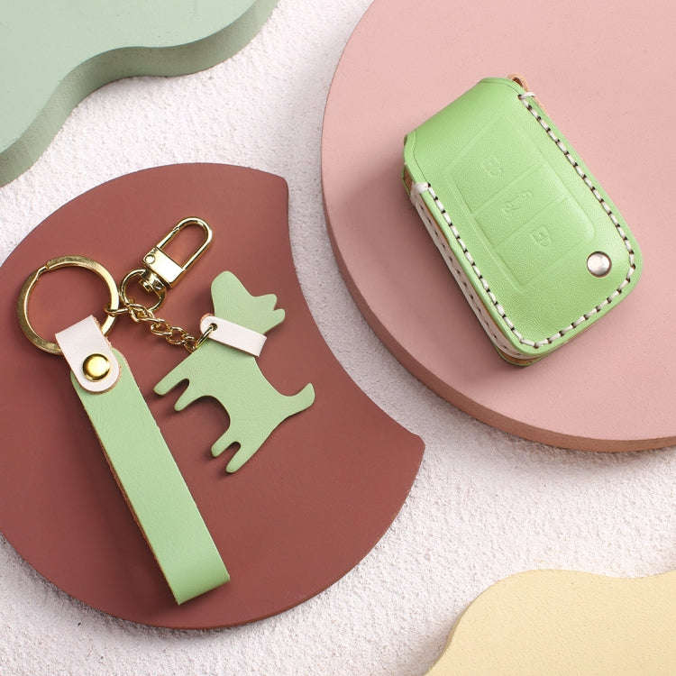 Hallmo Car Female Style Cowhide Leather Key Protective Cover for Volkswagen, A Type(Grass Green)