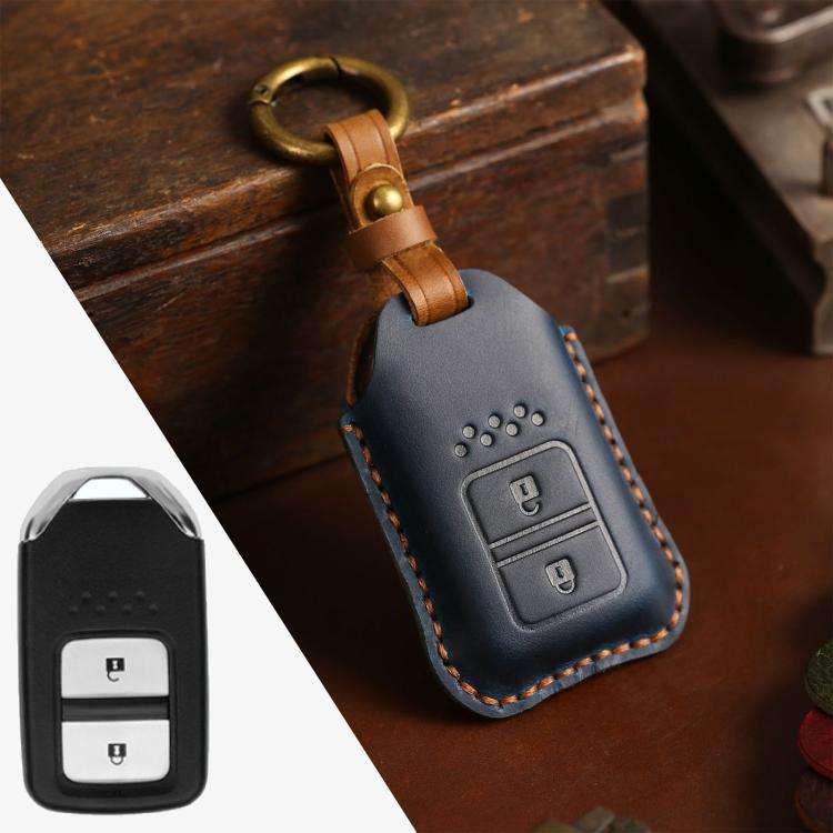 For Honda Car Cowhide Leather Key Protective Cover Key Case, Two Keys Version (Blue)