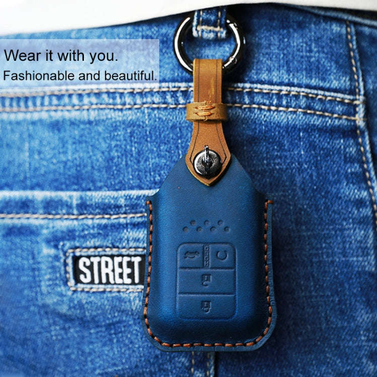 For Honda Car Cowhide Leather Key Protective Cover Key Case, Two Keys Version (Blue)