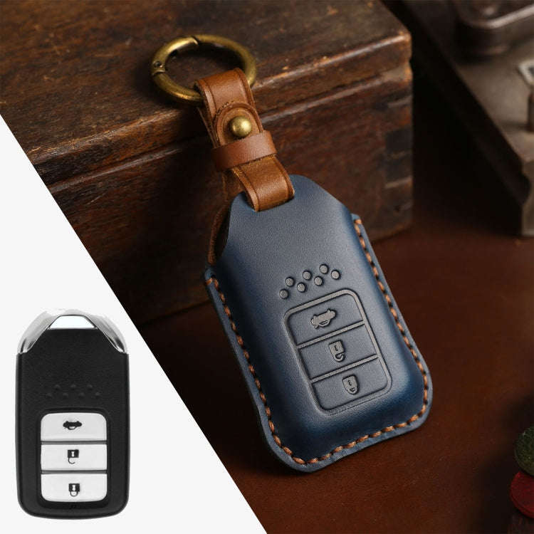 For Honda Car Cowhide Leather Key Protective Cover Key Case, Three Keys Tailgate Version (Blue)