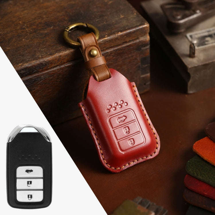 For Honda Car Cowhide Leather Key Protective Cover Key Case, Three Keys Tailgate Version (Red)