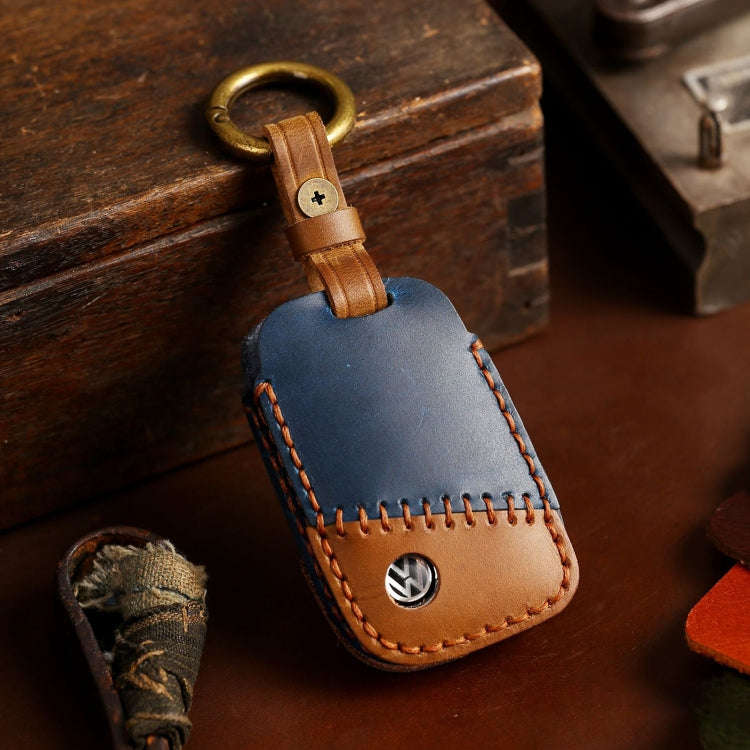 For Volkswagen Car Cowhide Leather Key Protective Cover Key Case, D Version(Blue)