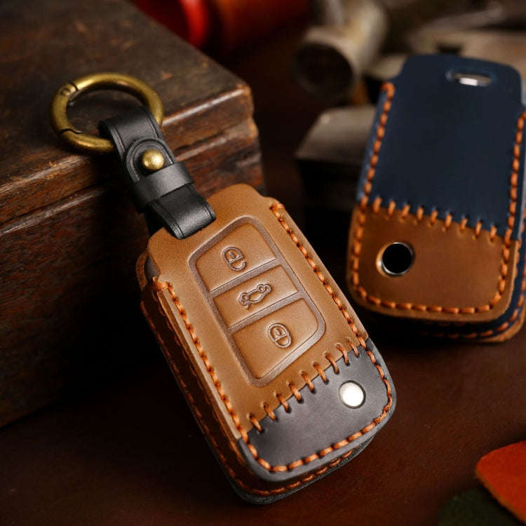 For Volkswagen Car Cowhide Leather Key Protective Cover Key Case, D Version(Blue)