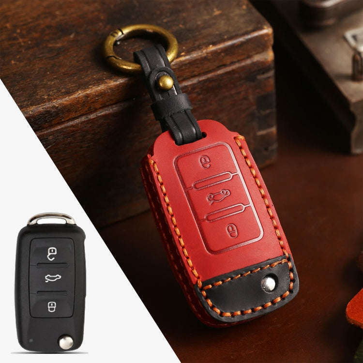 For Volkswagen Car Cowhide Leather Key Protective Cover Key Case, D Version(Red)