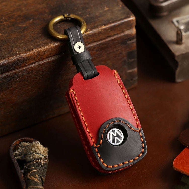For Volkswagen Car Cowhide Leather Key Protective Cover Key Case, D Version(Red)