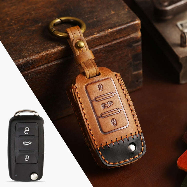 For Volkswagen Car Cowhide Leather Key Protective Cover Key Case, D Version(Brown)