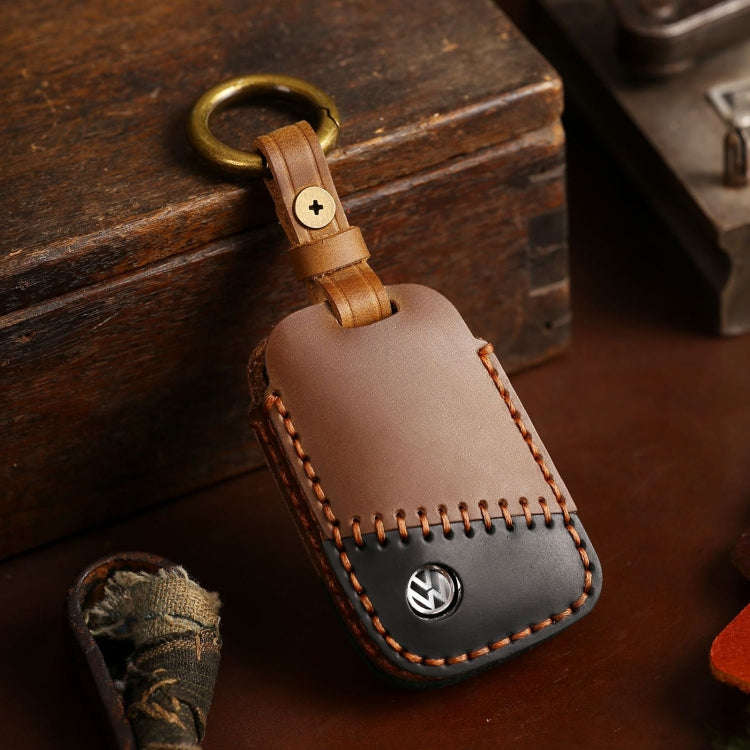 For Volkswagen Car Cowhide Leather Key Protective Cover Key Case, D Version(Brown)