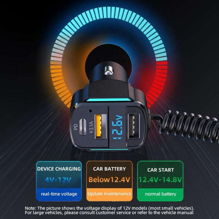 K4 Car 3 in 1 PD + USB Dual Port Fast Charger with Spring Data Cable