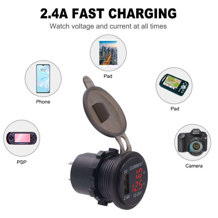 Universal Car Single Port USB Charger Power Outlet Adapter 2.4A 5V IP66 with LED Digital Voltmete...