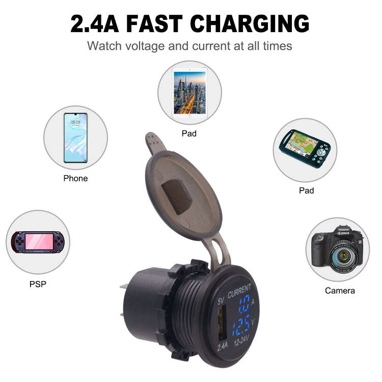 Universal Car Single Port USB Charger Power Outlet Adapter 2.4A 5V IP66 with LED Digital Voltmete...