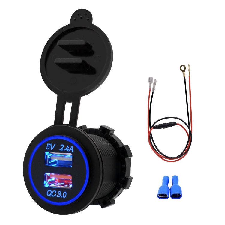 Universal Car QC3.0 Dual Port USB Charger Power Outlet Adapter 5V 2.4A IP66 with 60cm Cable(Blue ...