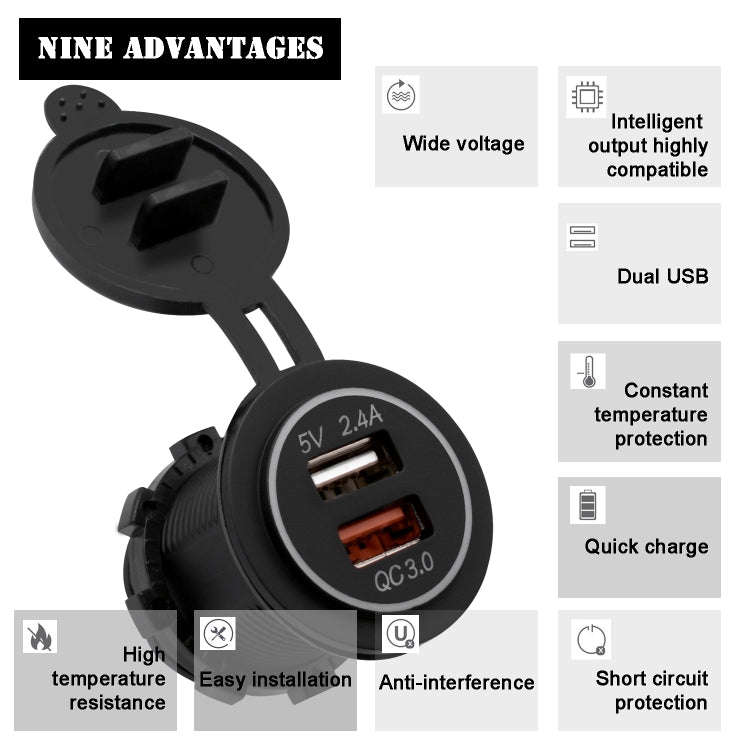Universal Car QC3.0 Dual Port USB Charger Power Outlet Adapter 5V 2.4A IP66 with 60cm Cable(Blue ...