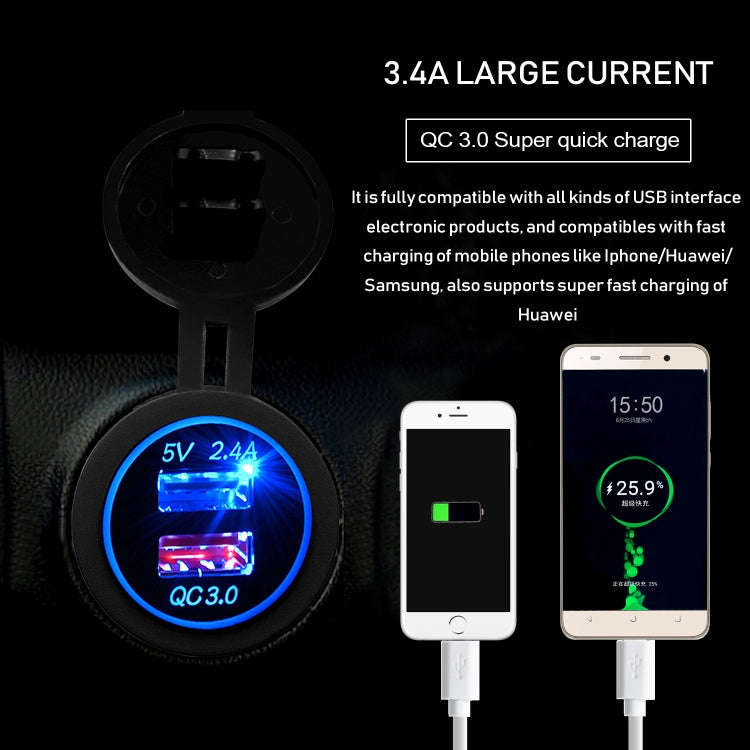 Universal Car QC3.0 Dual Port USB Charger Power Outlet Adapter 5V 2.4A IP66 with 60cm Cable(Blue ...