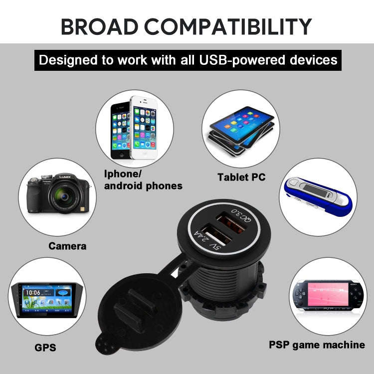 Universal Car QC3.0 Dual Port USB Charger Power Outlet Adapter 5V 2.4A IP66 with 60cm Cable(Blue ...