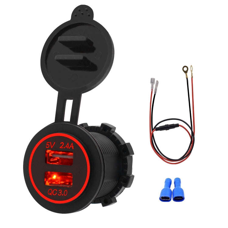 Universal Car QC3.0 Dual Port USB Charger Power Outlet Adapter 5V 2.4A IP66 with 60cm Cable(Red L...