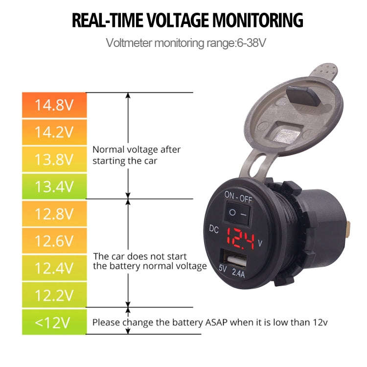 Universal Car Single Port USB Charger Power Outlet Adapter 2.4A 5V IP66 with LED Digital Voltmete...