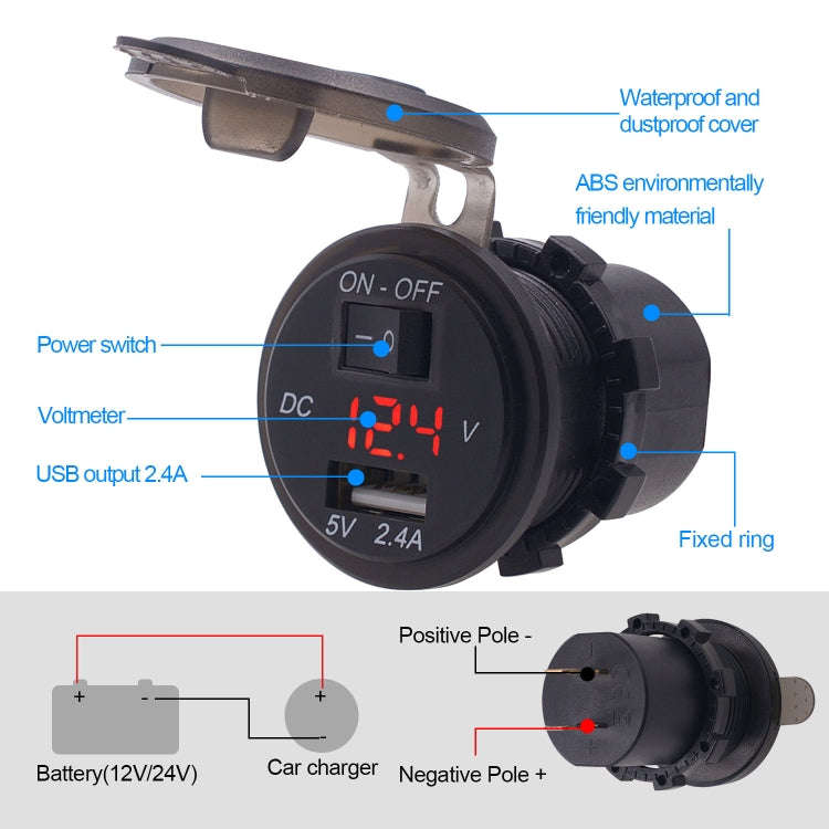 Universal Car Single Port USB Charger Power Outlet Adapter 2.4A 5V IP66 with LED Digital Voltmete...